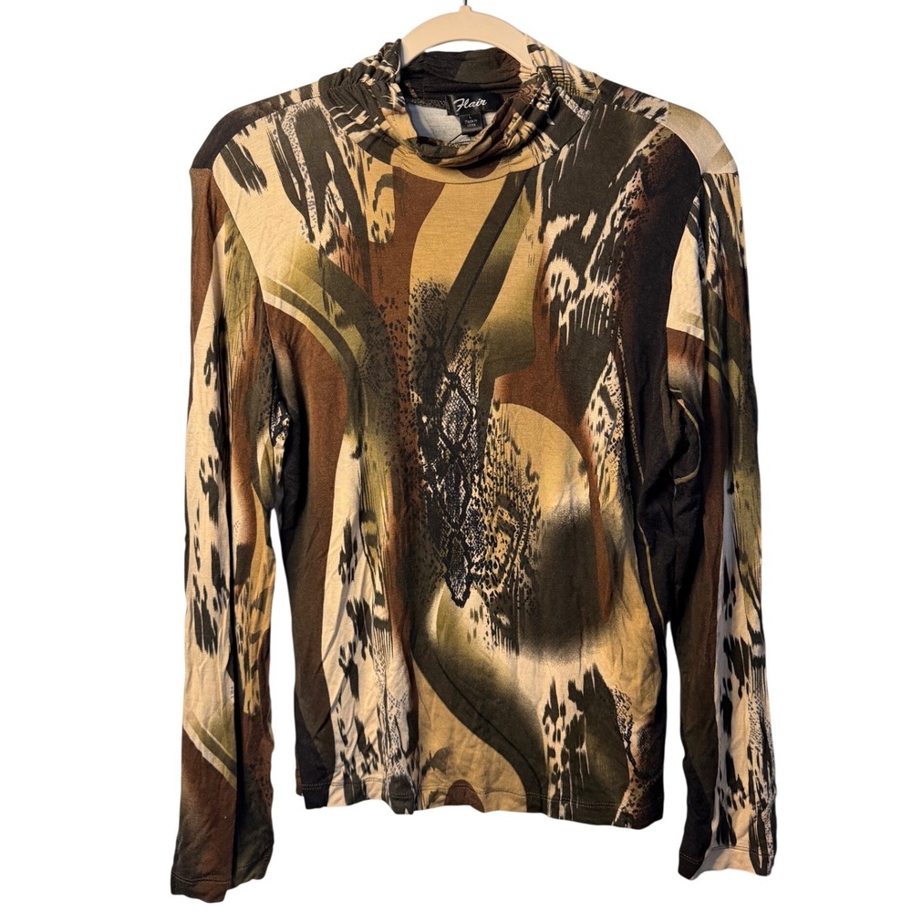 Flair Mock Neck Top Brown Abstract Animal Print Long Sleeve Stretch Blouse Women